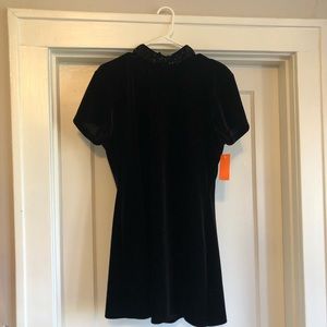 Black Velvet Dress with Embroidered Mock Neck.